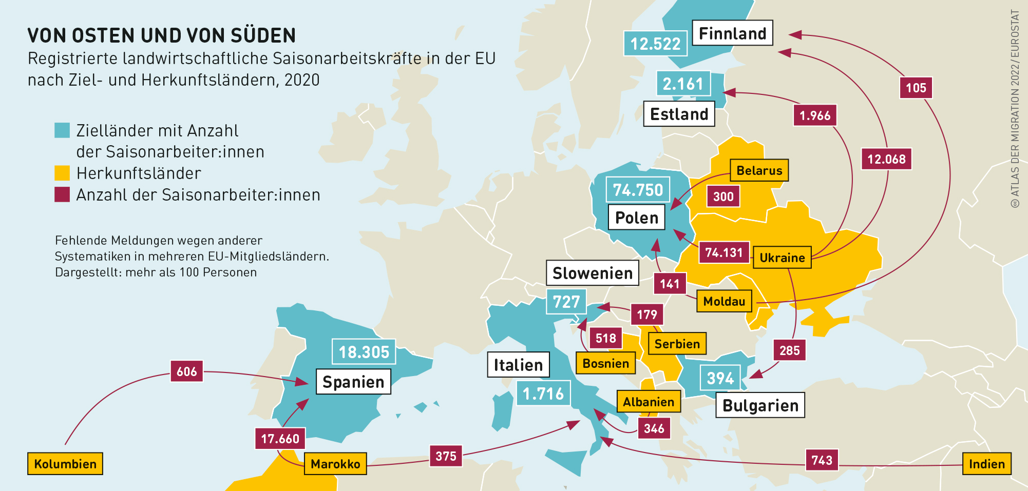 Europakarte mit Bewegung von Saisonarbeiter*innen