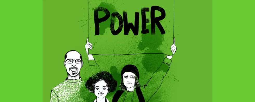 Gezeichnete Figuren halten Schild mit dem Wort Power hoch