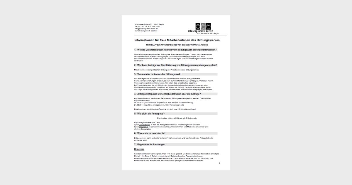Merkblatt freie Mitarbeit | Bildungswerk Berlin der Heinrich-Böll-Stiftung